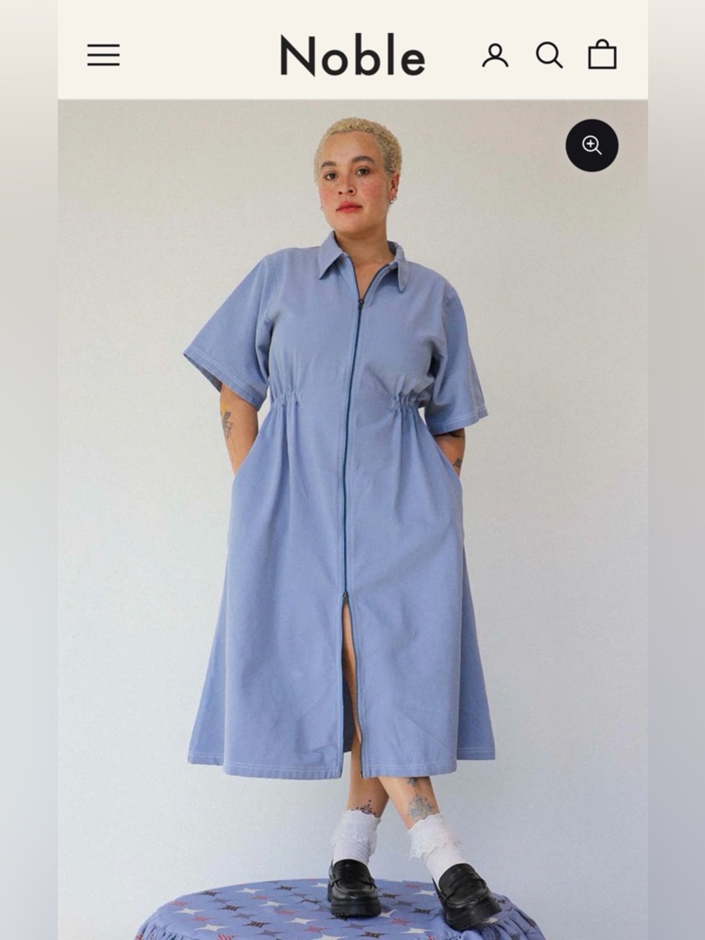 Noble Long Utility Zip-Front Midi Dress in Light Blue Organic Cotton